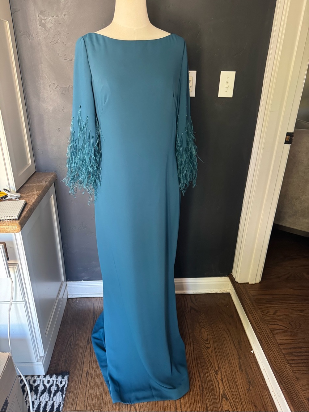 Prabal Gurung Teal Long Sleeve Feather-Trim Gown